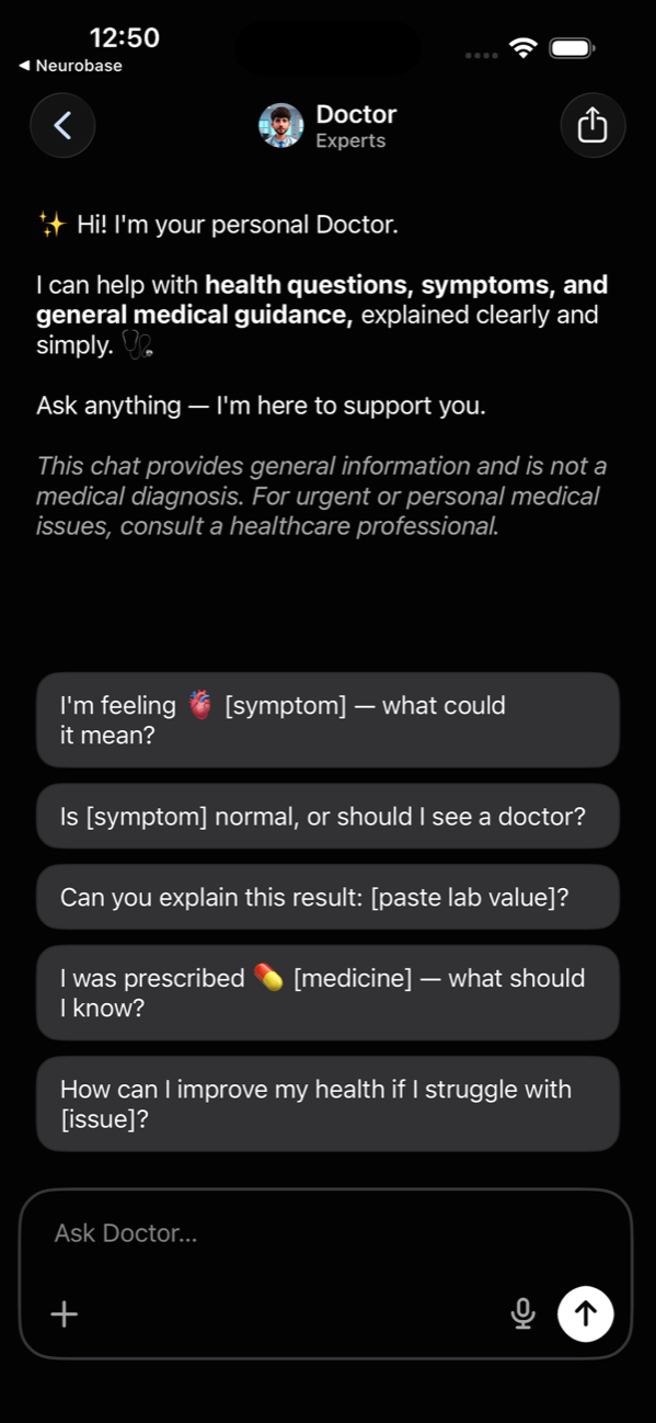 iPhone — Doctor expert chat with health Q&A suggestions.