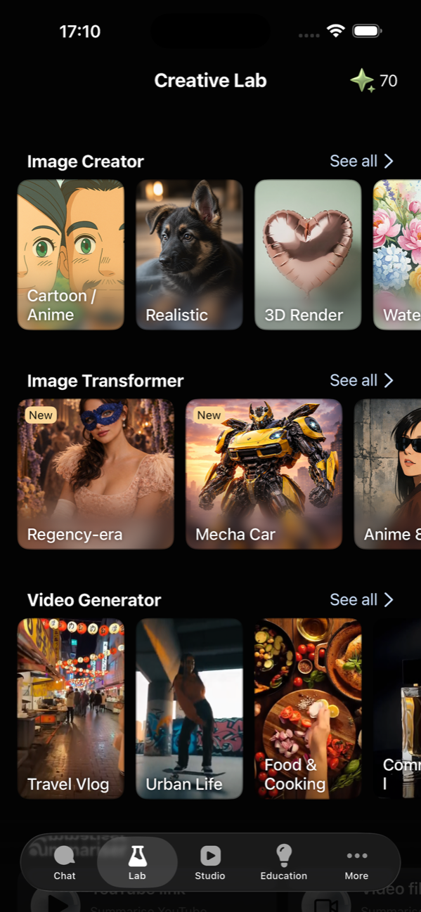 iPhone — Lab hub showing Image Creator, Image Transformer, Video Generator with style examples.