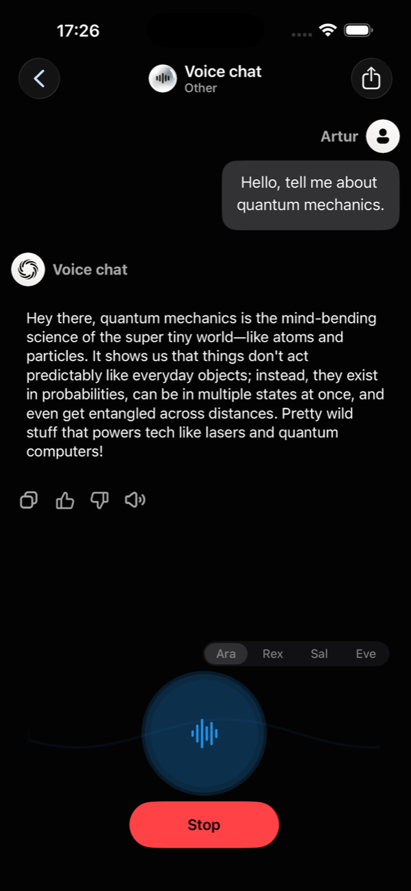 iPhone — Voice mode with Artur persona, blue waveform, and Stop button.