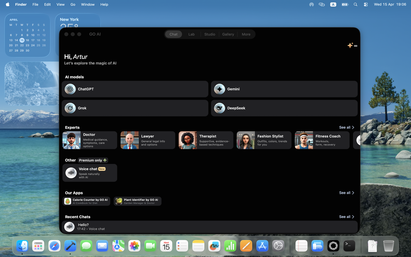 GO AI Chat home screen on Mac — model picker for GPT, Gemini, Grok, DeepSeek with experts and apps tiles.