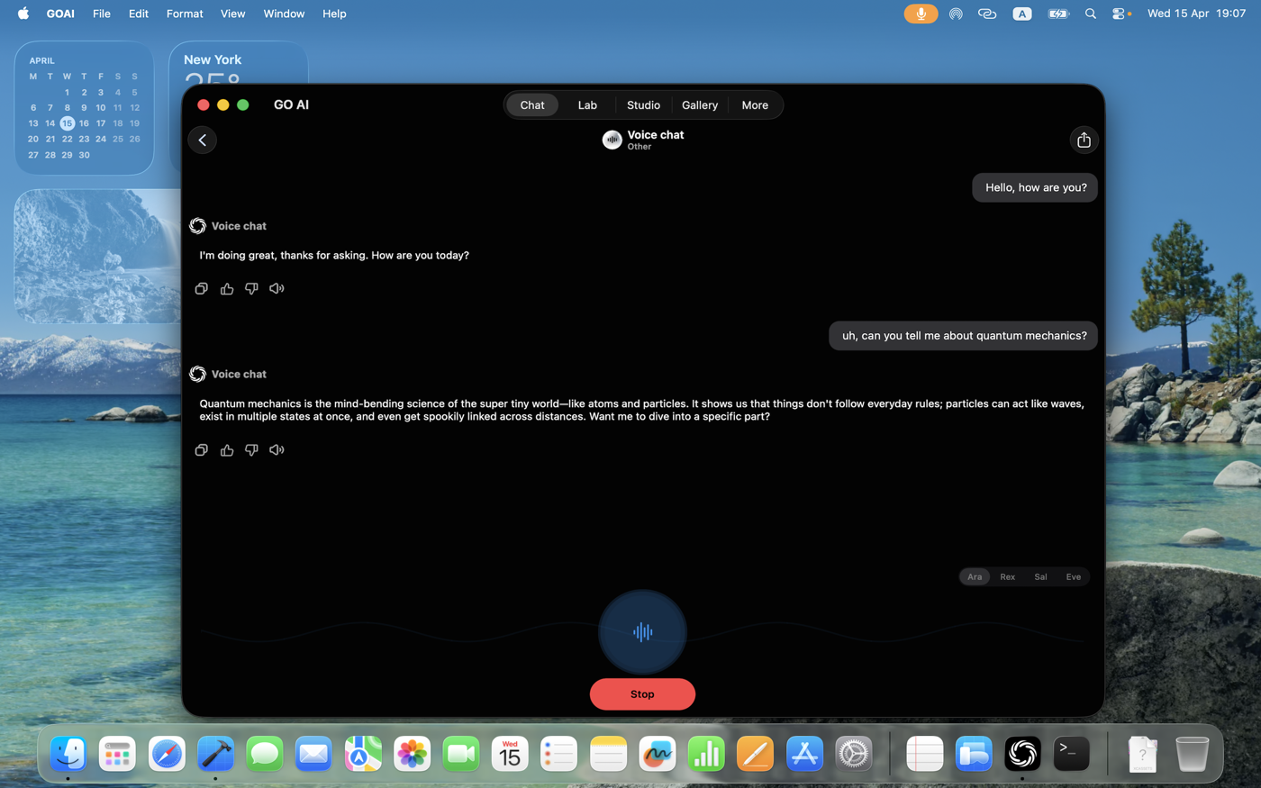 Mac — Voice mode interface with audio controls.