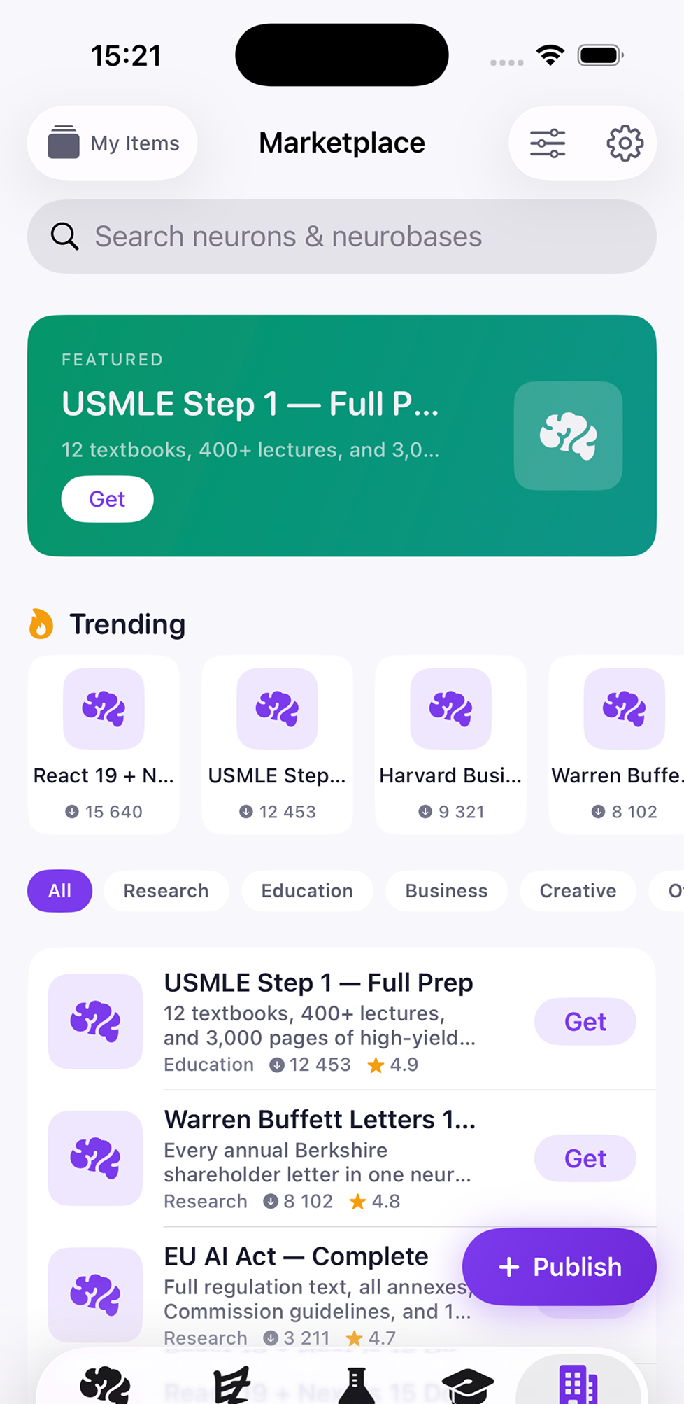 iPhone — Marketplace tab with a featured USMLE Step 1 Full Prep card (12 textbooks, 400+ lectures), Trending list including React 19+ and Warren Buffett, plus filter pills (All, Research, Education, Business, Creative).