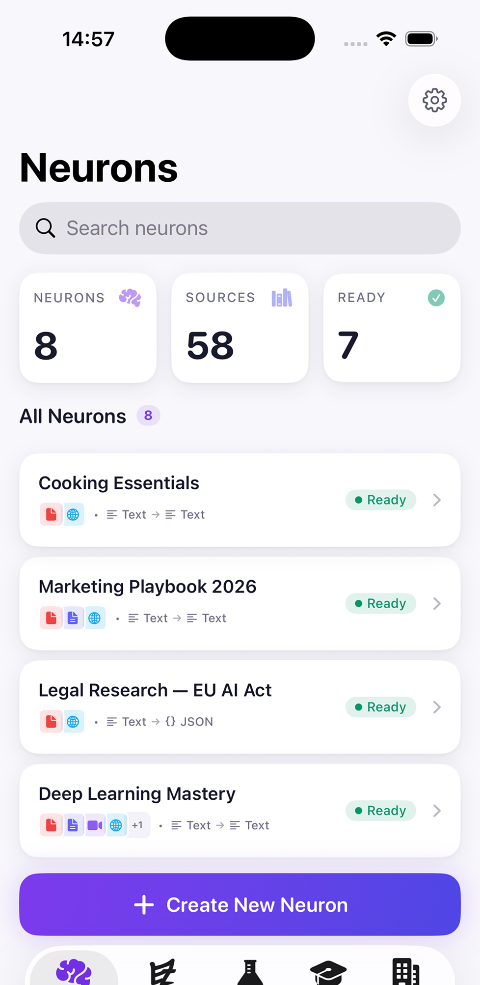 iPhone — Neurons tab listing 8 neurons across 58 sources, with stats and a list including Cooking Essentials, Marketing Playbook 2026, Legal Research, and Deep Learning Mastery, each marked Ready.